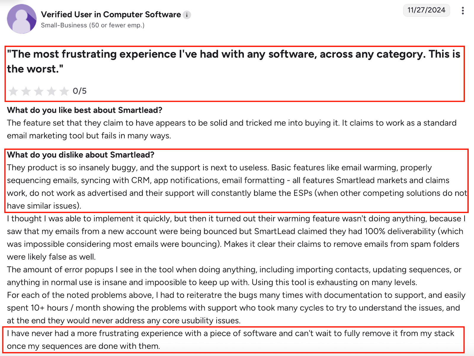 A user review on G2 about smartlead stating how buggy and slow the support is and how it blames everything on the ESPs