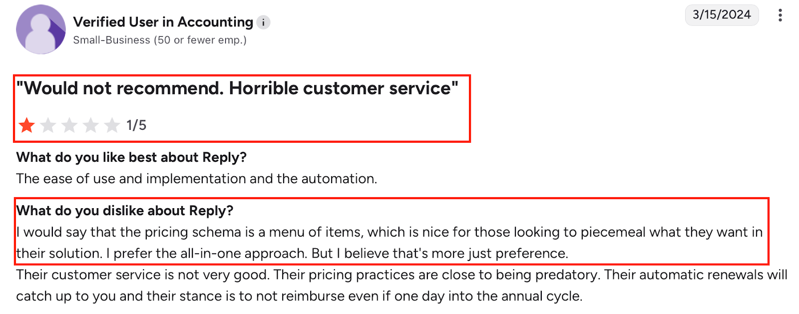 user review on G2 about Reply.io showing the horrible customer service