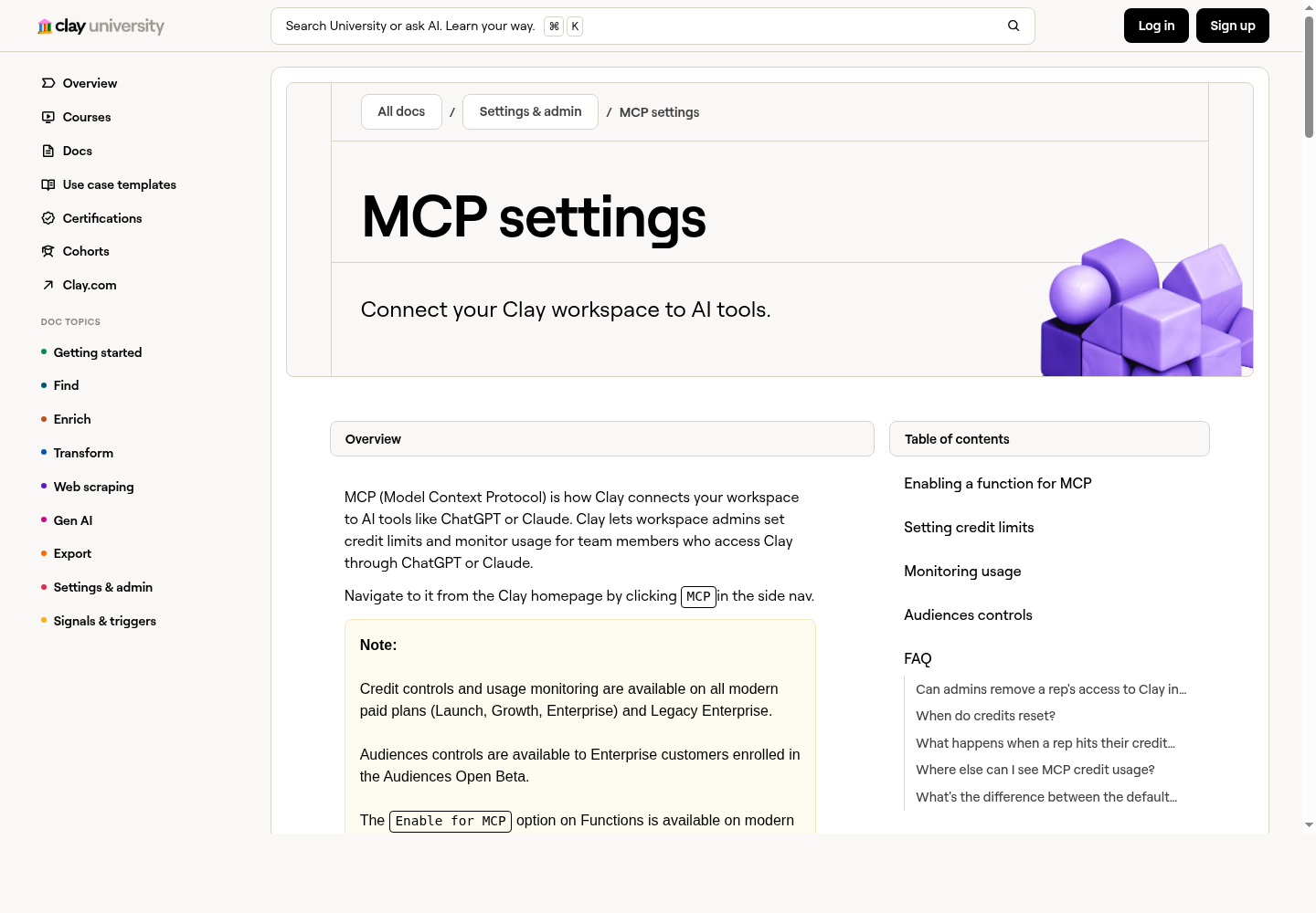 Clay MCP settings for AI-assisted enrichment workflows