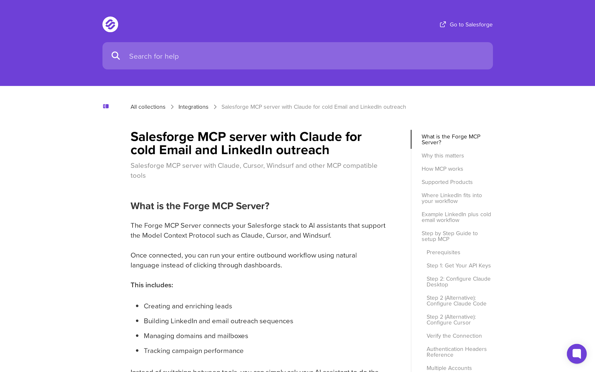 Salesforge MCP help page showing LinkedIn plus cold email workflow support