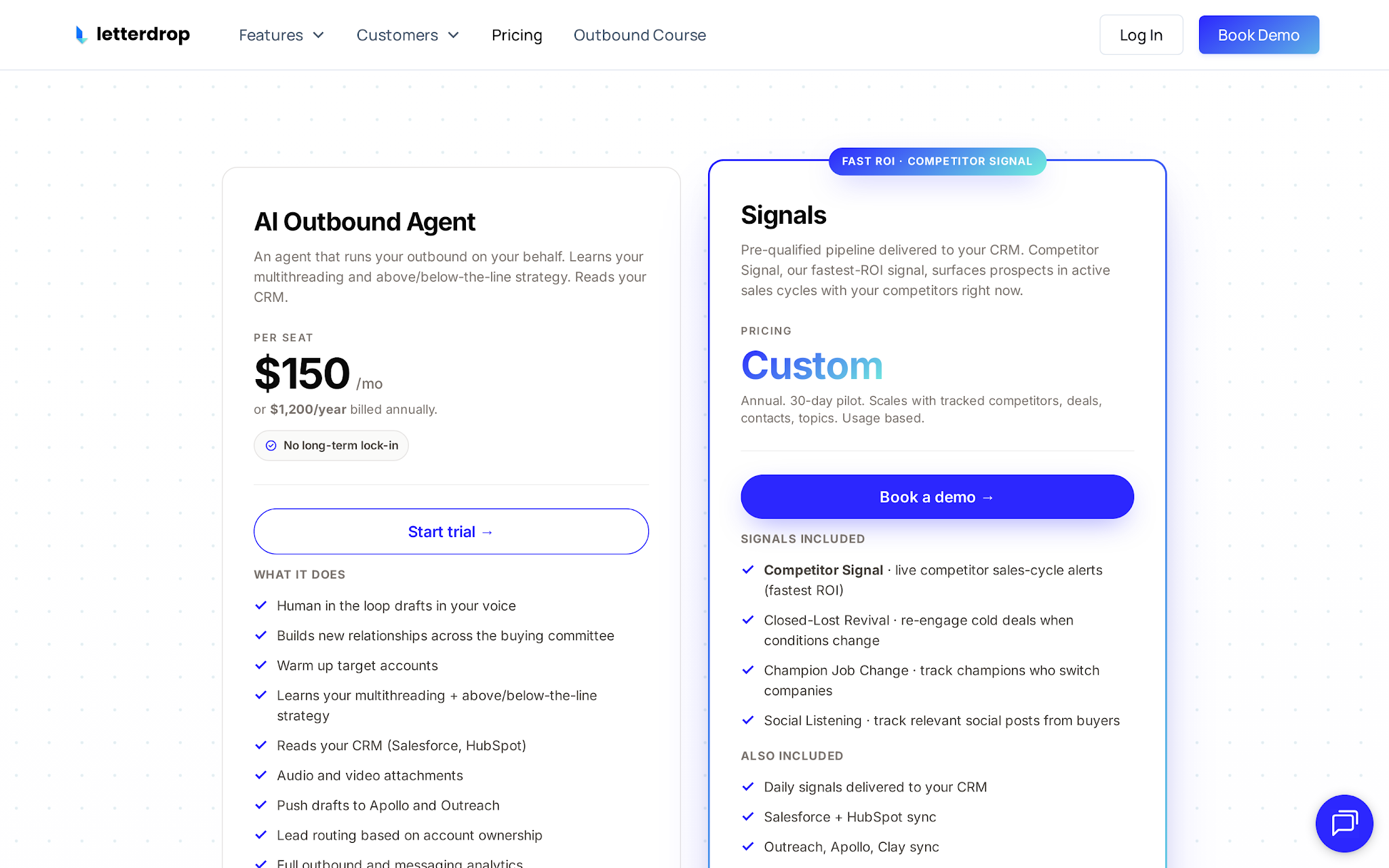 Letterdrop pricing page showing demo-led buying path rather than public self-serve tiers