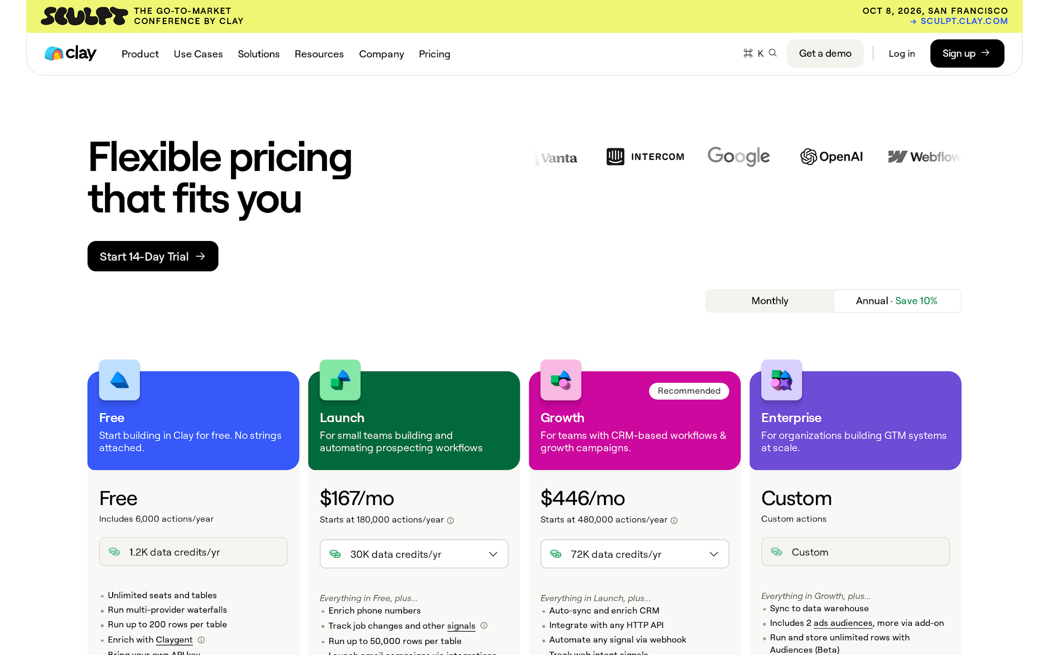 Clay pricing page showing actions, data credits, and enrichment workflow positioning