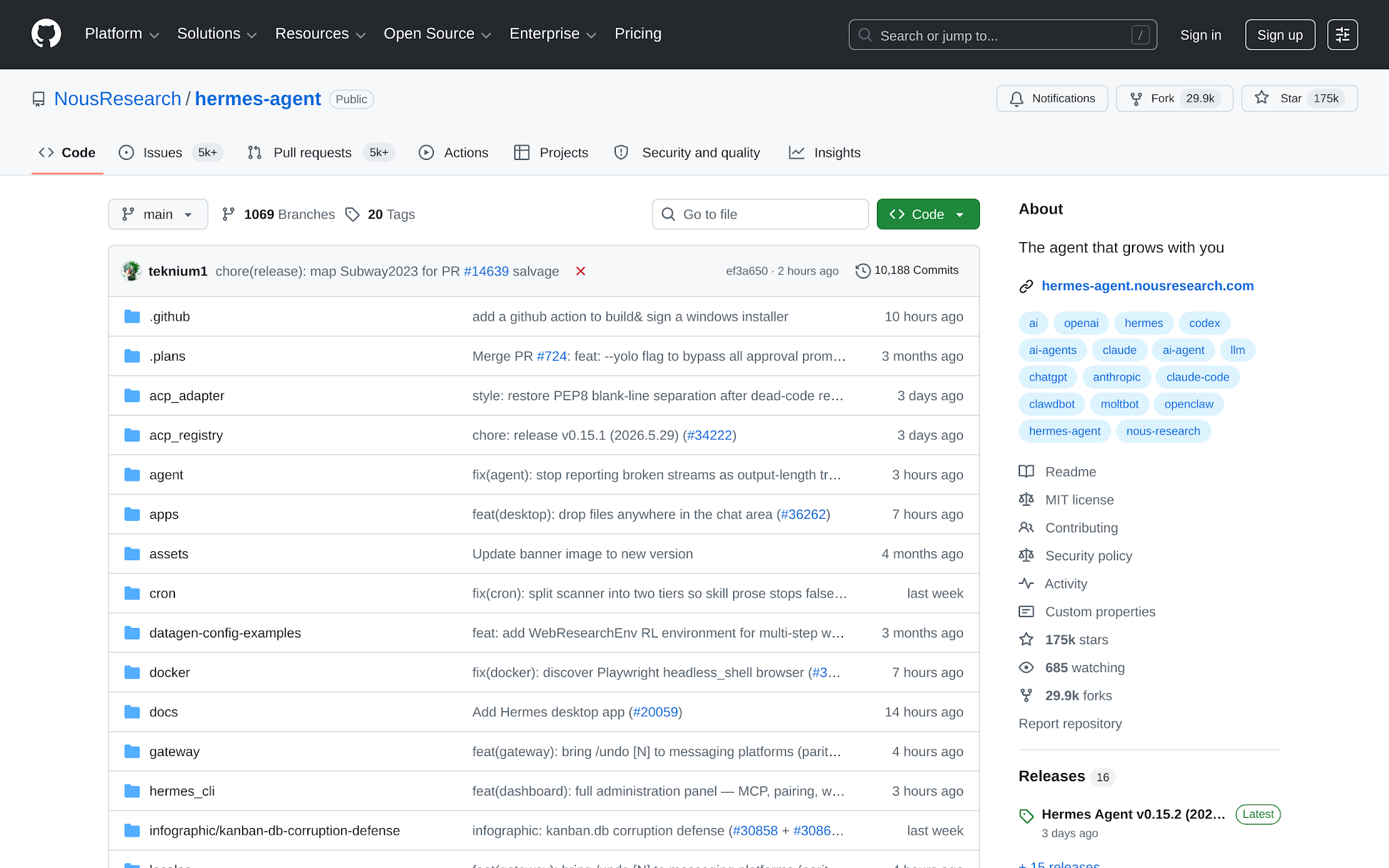 Hermes Agent GitHub README showing memory, skills, and scheduler positioning