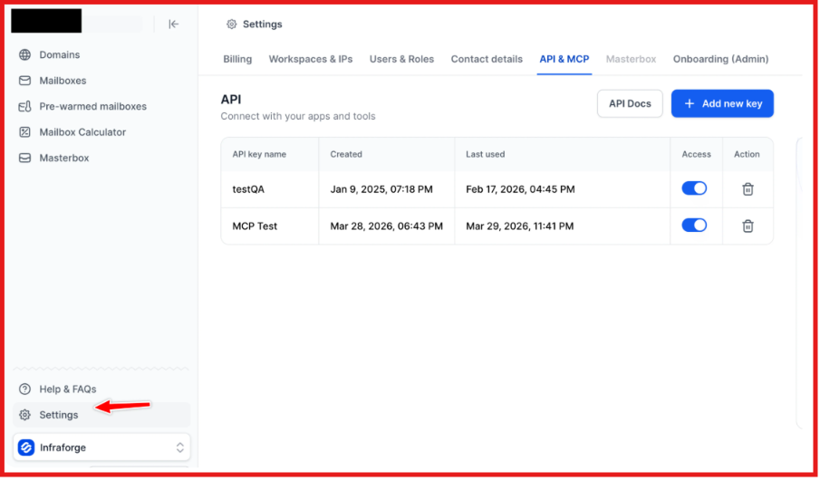Create API key on Infraforge