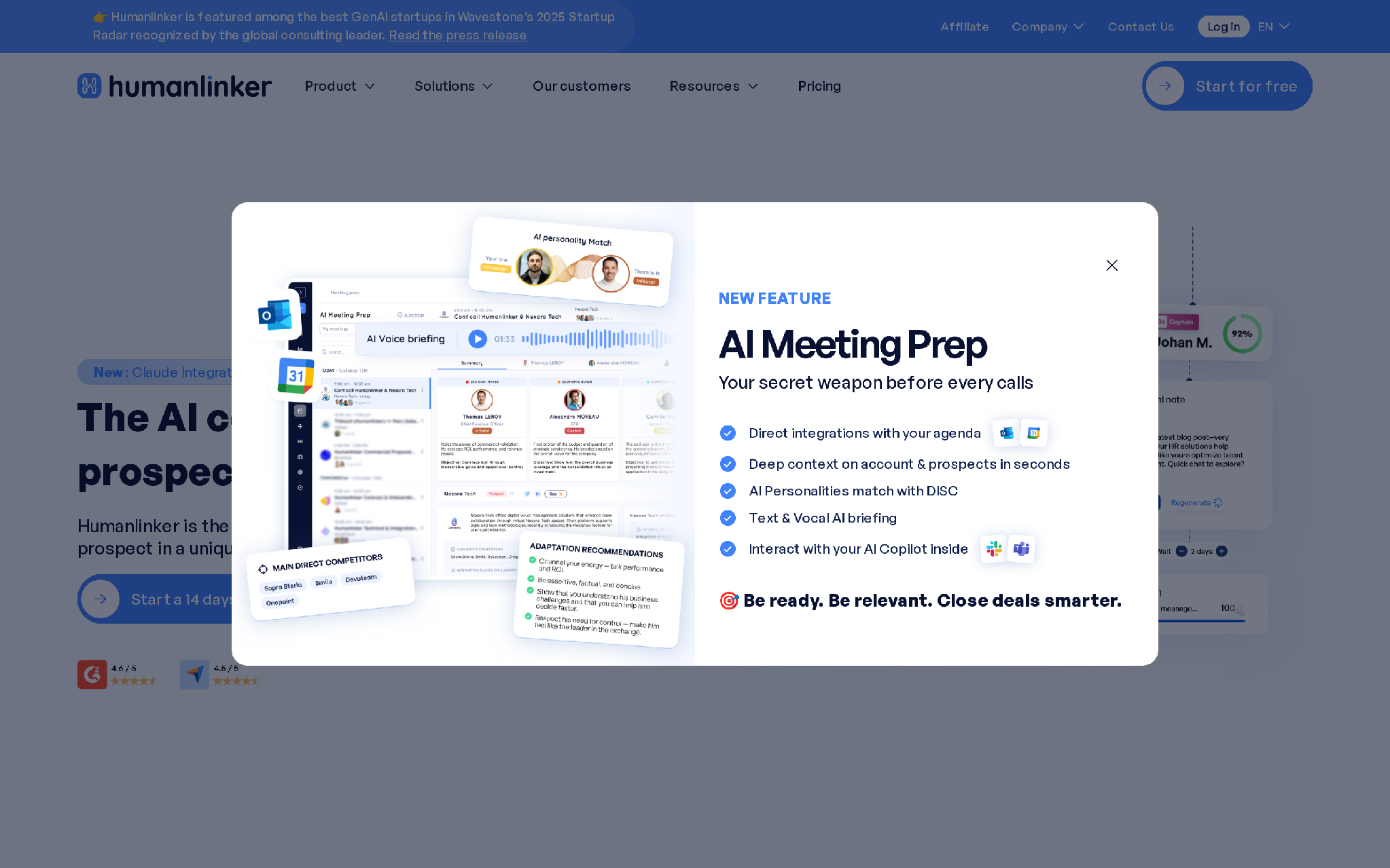 Humanlinker homepage showing AI copilot positioning for sales outreach