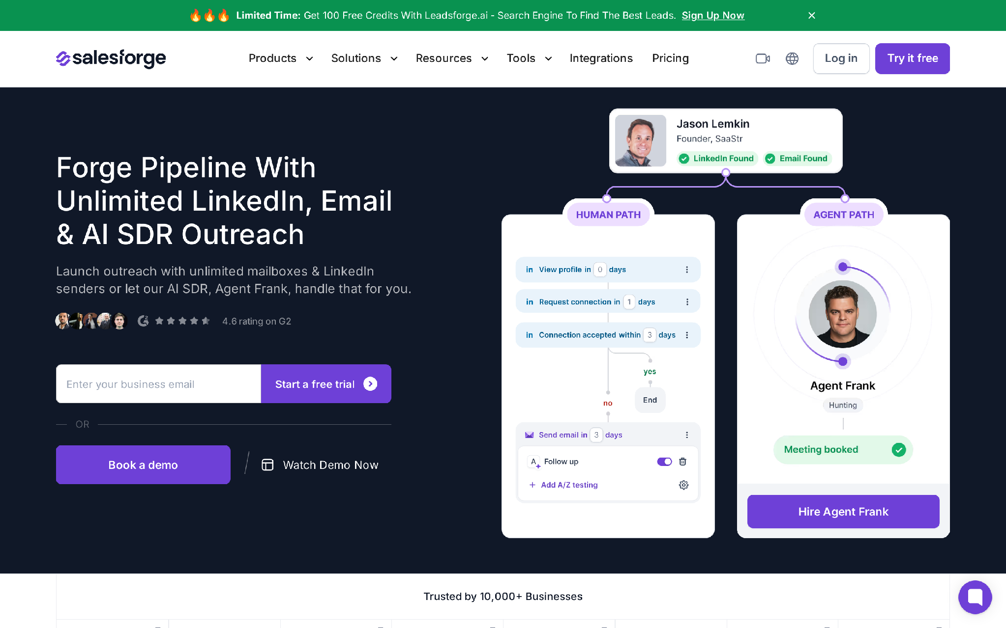 Salesforge homepage showing unlimited LinkedIn, email, and AI SDR outreach positioning