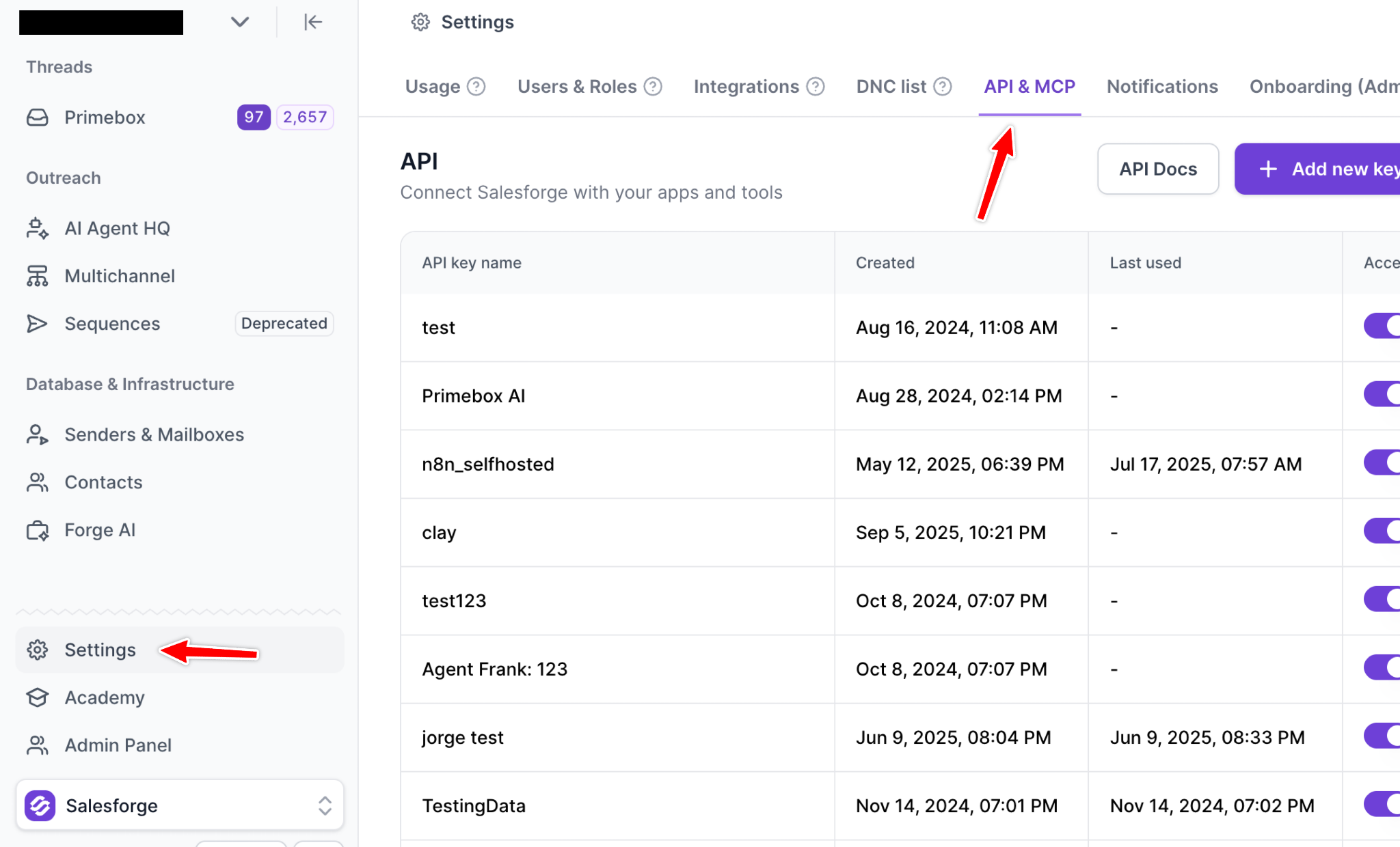 Salesforge API key generation