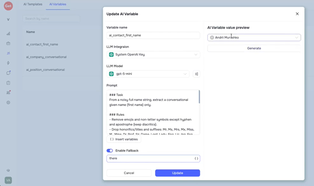AI Variables Settings in GetSales