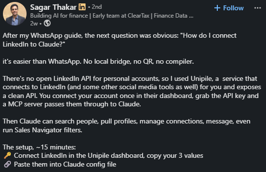 LinkedIn post describing a 15-minute Unipile plus Claude LinkedIn setup