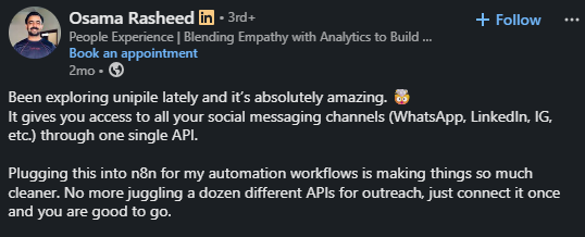 LinkedIn post praising Unipile as a single API for multiple messaging channels