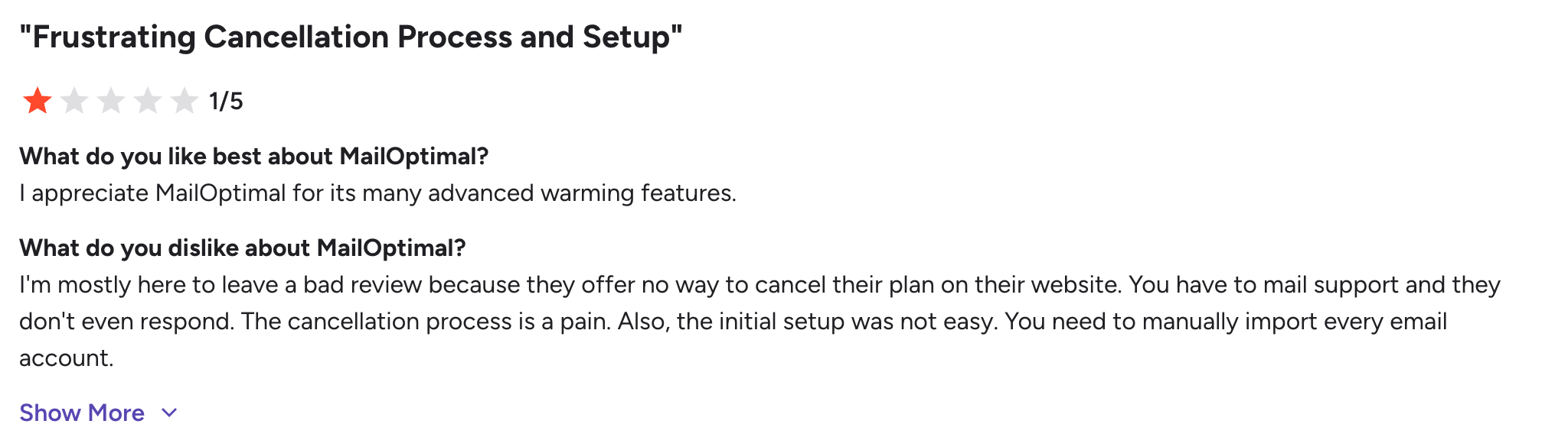 what users dislikes about MailOptimal