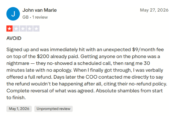 ProfilePartner trustpilot review about charges