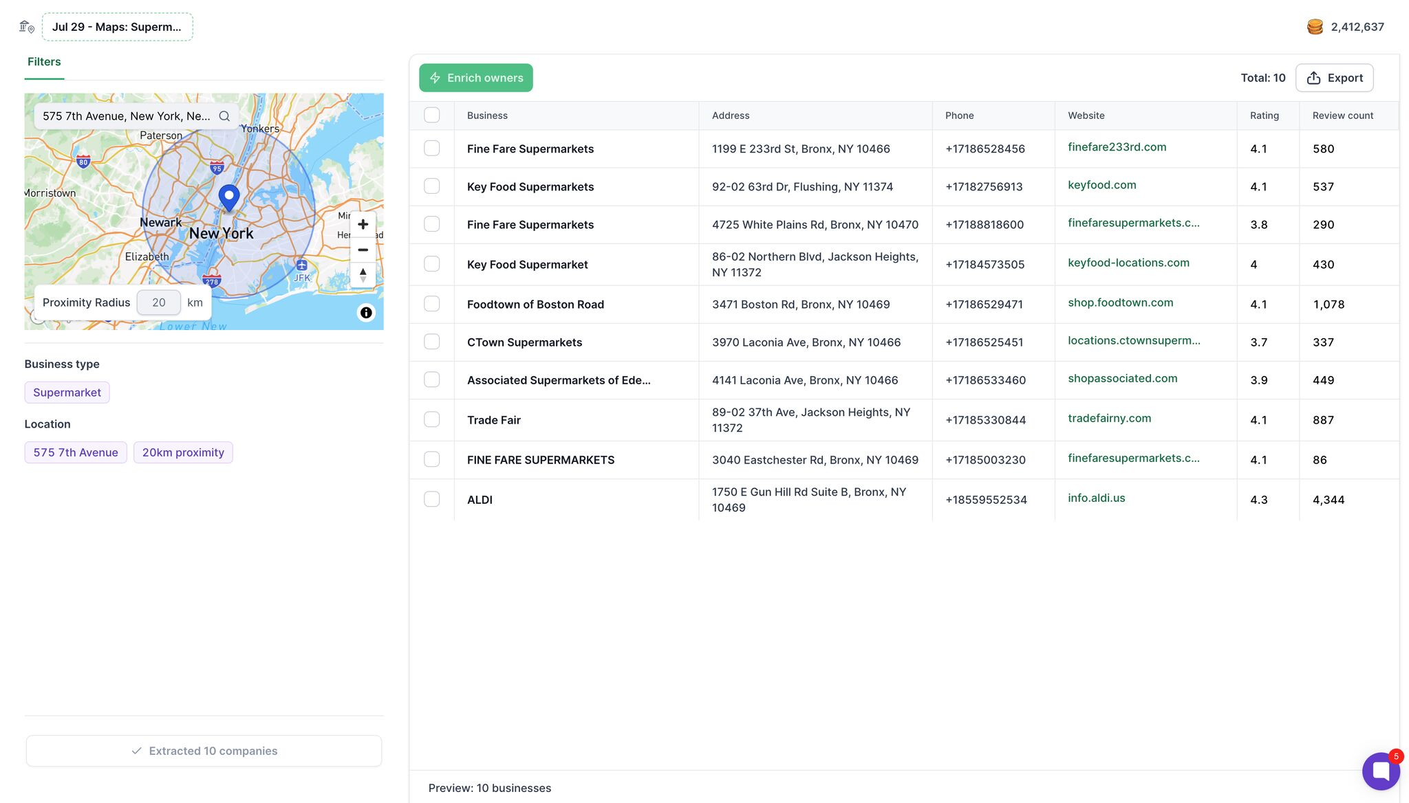 Setting location, proximity radius, and business type in Leadsforge Local Companies Search