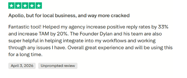 LocalPipe Trustpilot review about reply rates