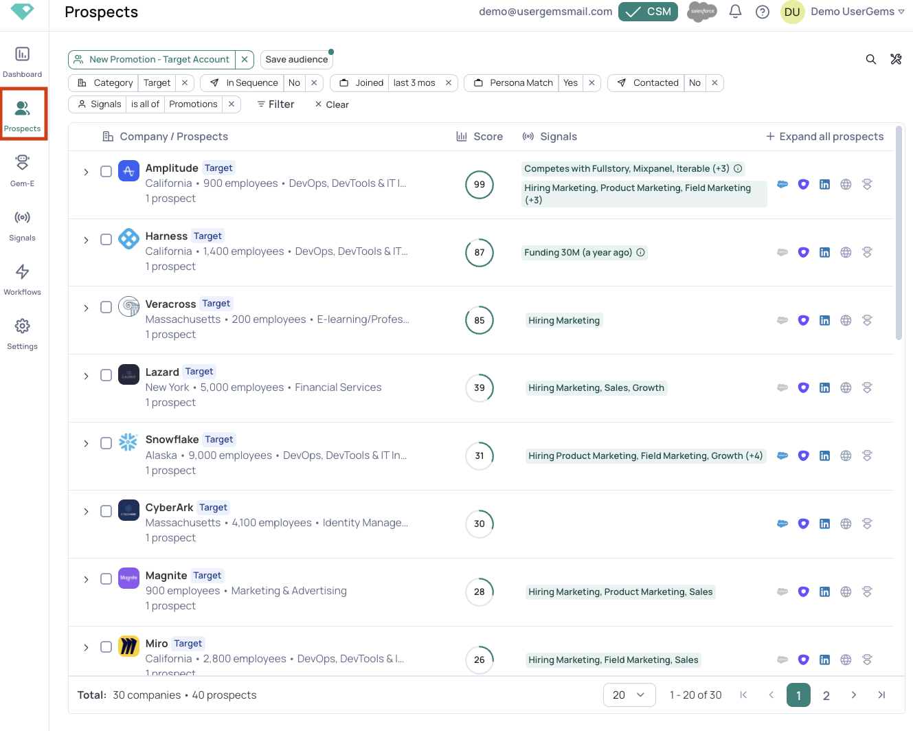 UserGems prospect audience filter view