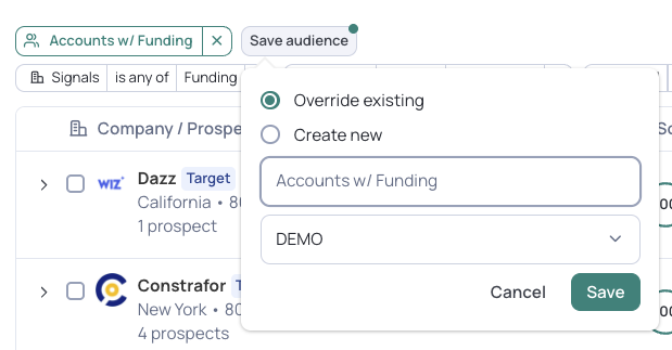 UserGems save audience override dialog