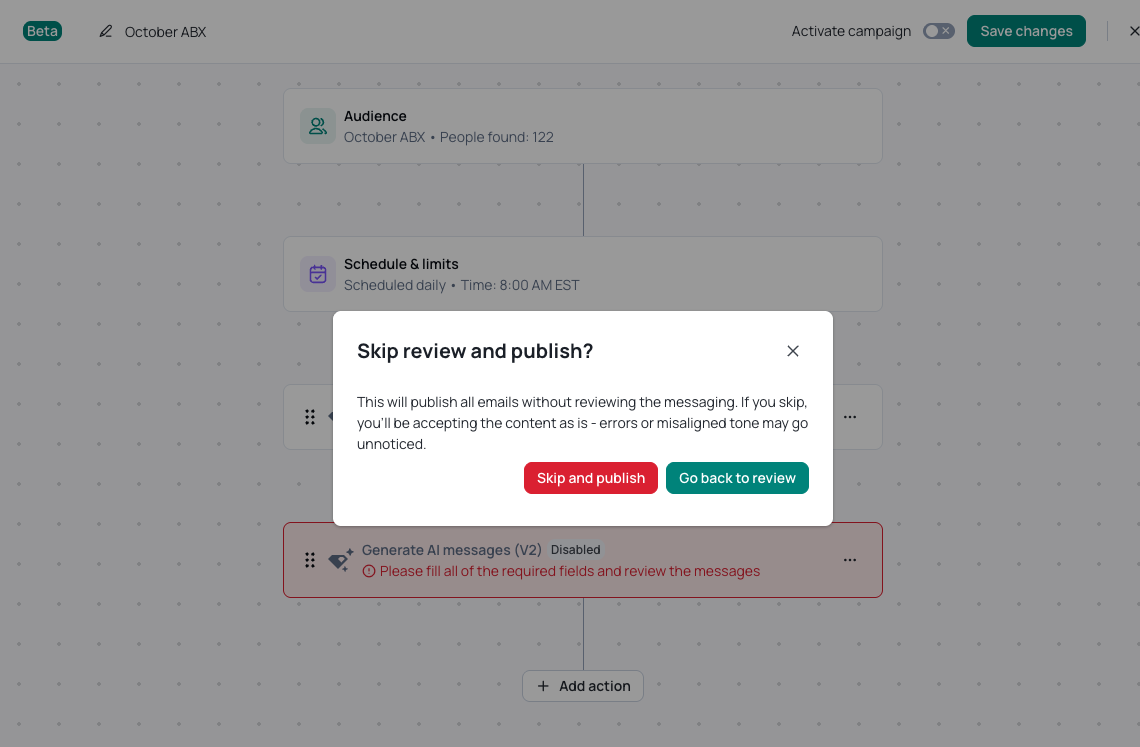 Skip review and publish warning