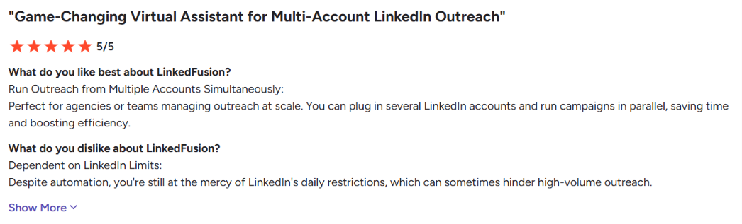 LinkedFusion G2 review about linkedin outreach