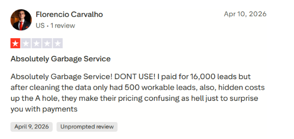 Trustpilot user review about lead quality