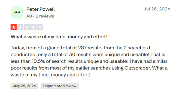 Outscraper trustpilot review about irrelevant leads