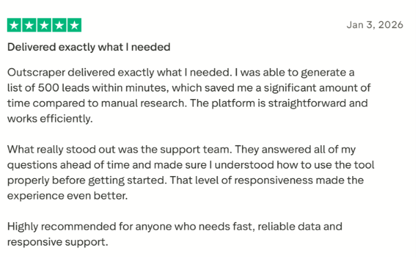Outscraper trustpilot review about lead generation