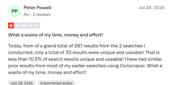 Outscraper trustpilot review about usable leads