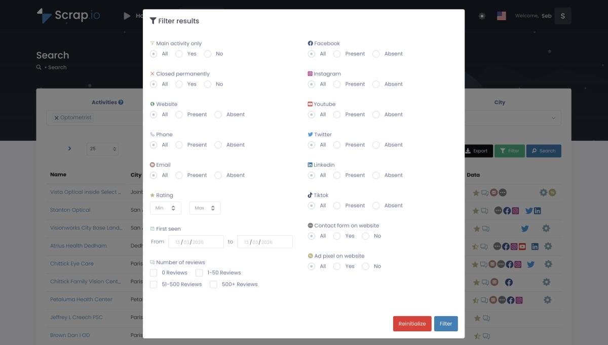Scrap.io filters applied before real-time data extraction, so credits only go to useful business leads