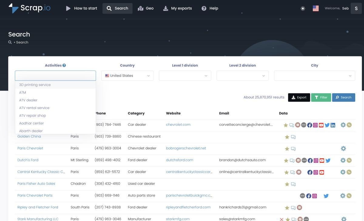 Scrap.io search interface where real-time data extraction begins by picking a category and location