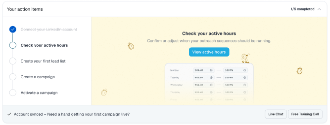 Expandi onboarding checklist on the dashboard