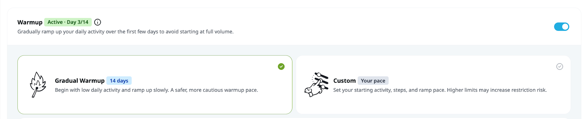 warmup and daily limit controls in LinkedIn settings