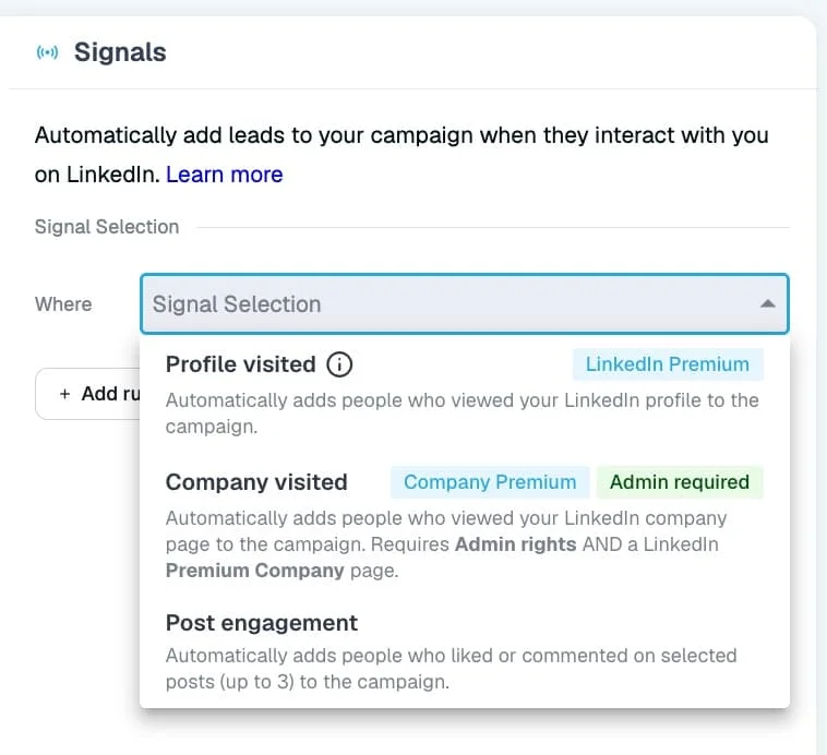 Three Signals sources in the campaign builder