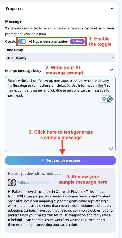  prompt field and test sample message button