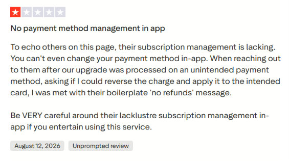 Closely Trustpilot review about not being able to change payment methods