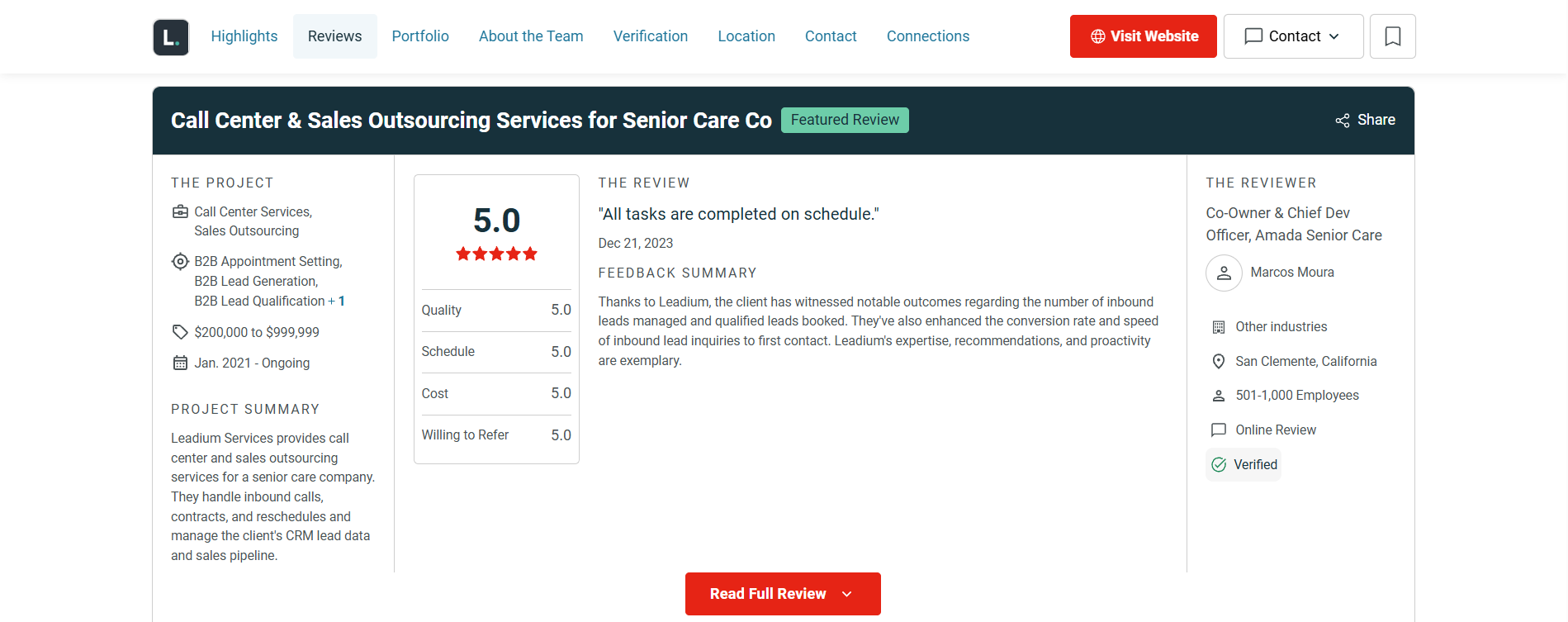 The Amada Senior Care review, December 2023: 3-year engagement with 4 dedicated SDRs, praising direct founder access despite Leadium's larger footprint
