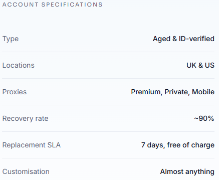 Vantage account specifications, showing aged and ID-verified profiles