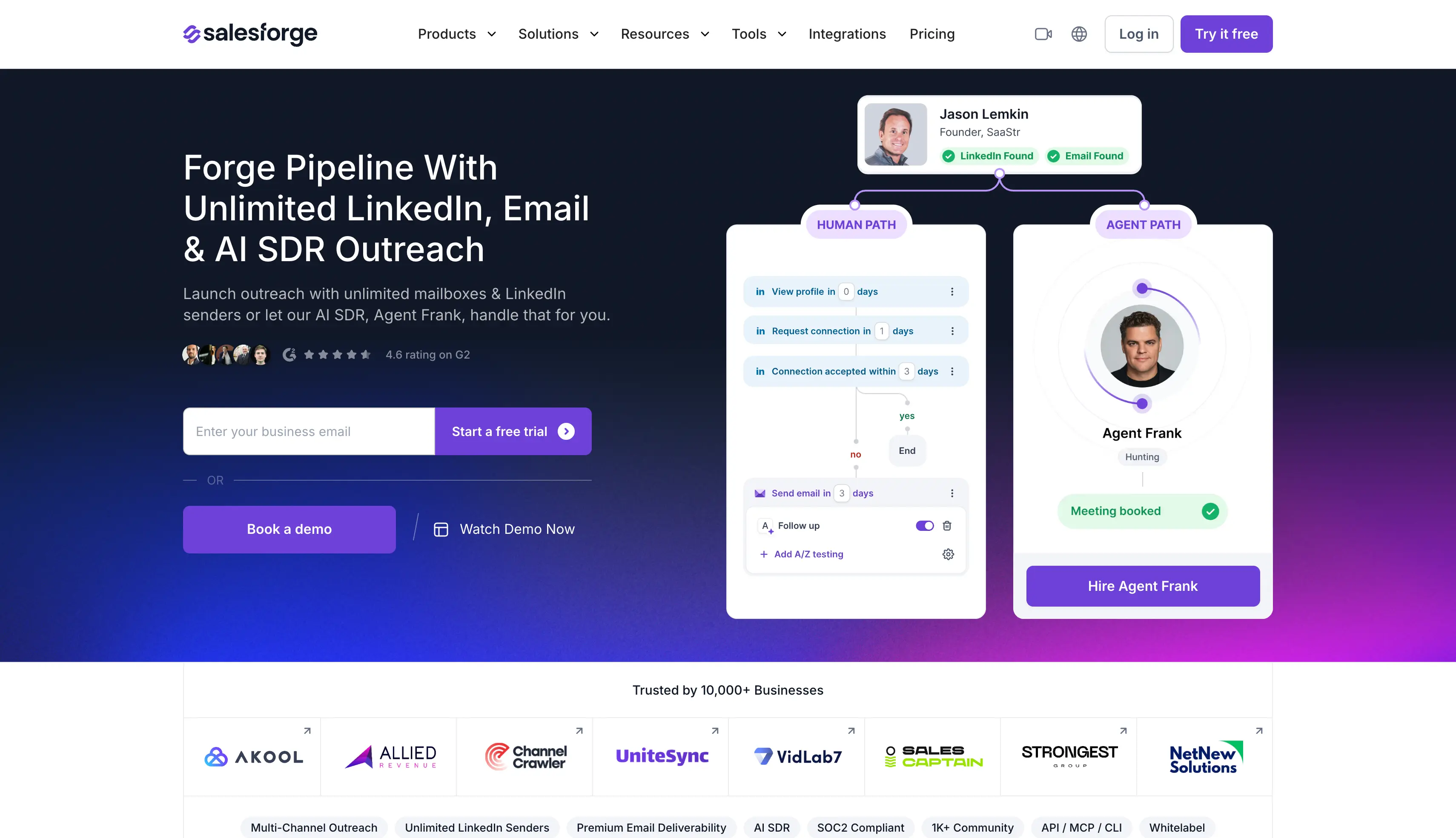 Salesforge homepage showing unlimited LinkedIn, email and AI SDR outreach