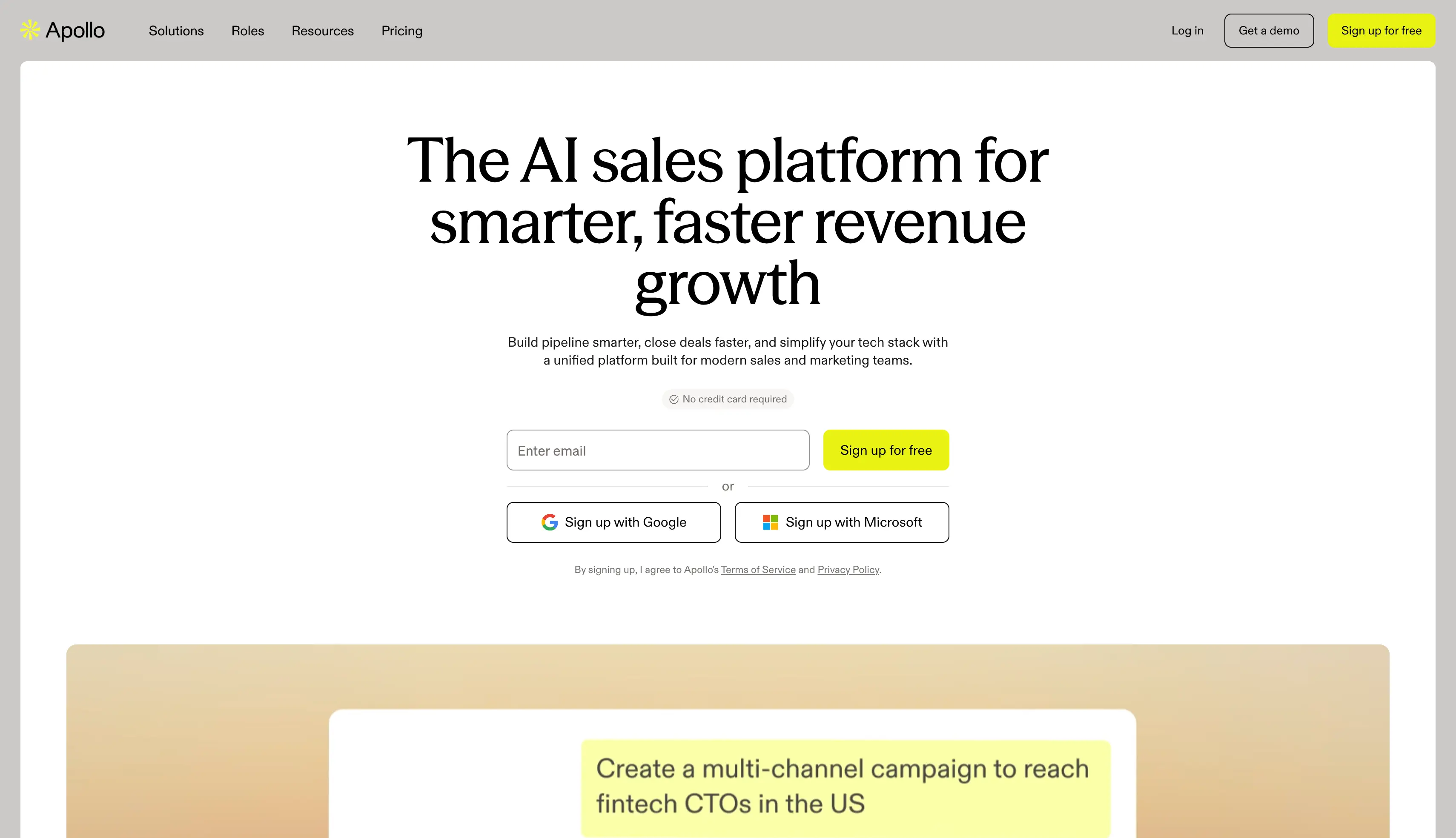 Apollo.io homepage showing the AI sales platform for revenue growth