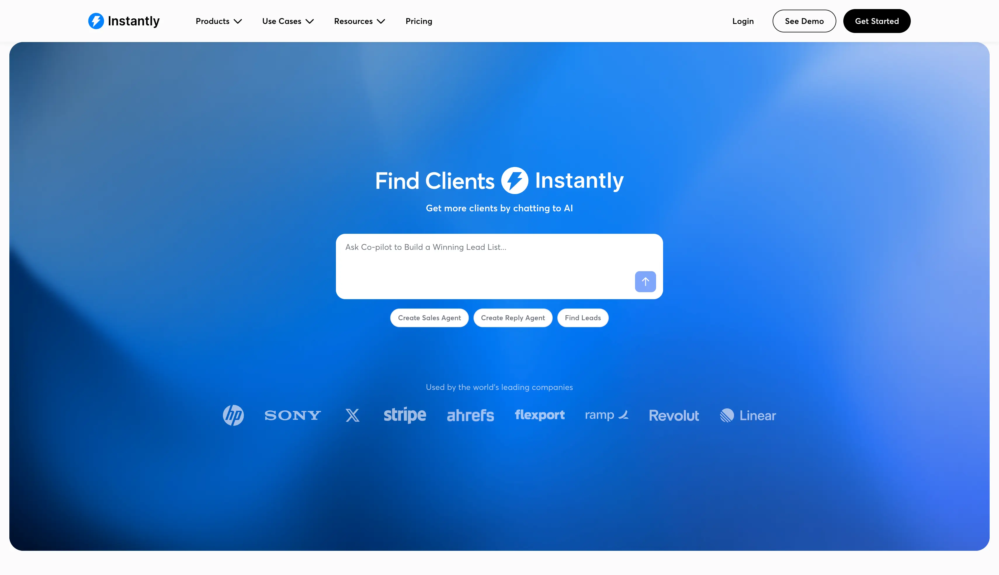 Instantly homepage showing the AI co-pilot that builds lead lists