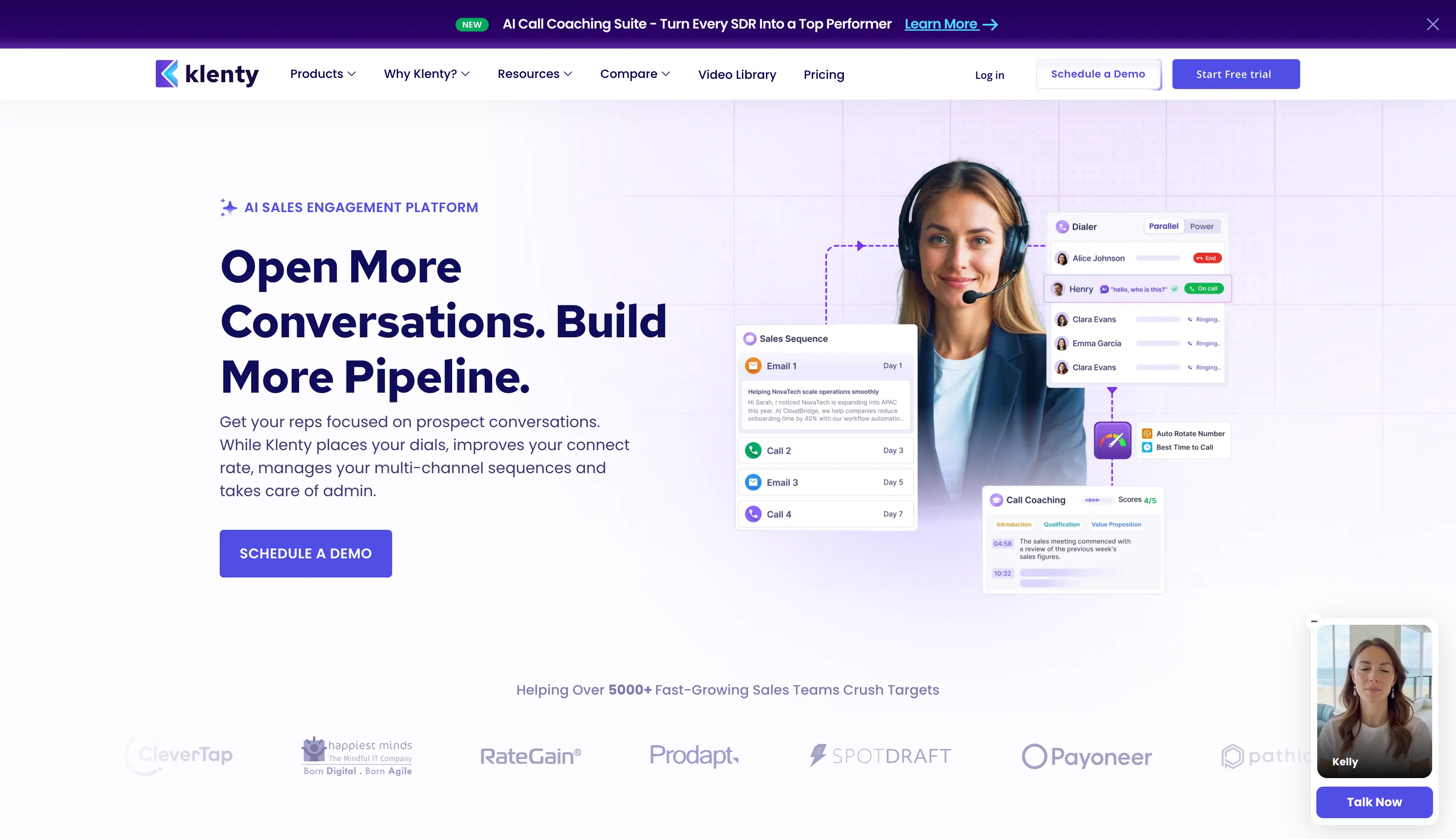 Klenty homepage showing the AI sales engagement platform with dialer and call coaching