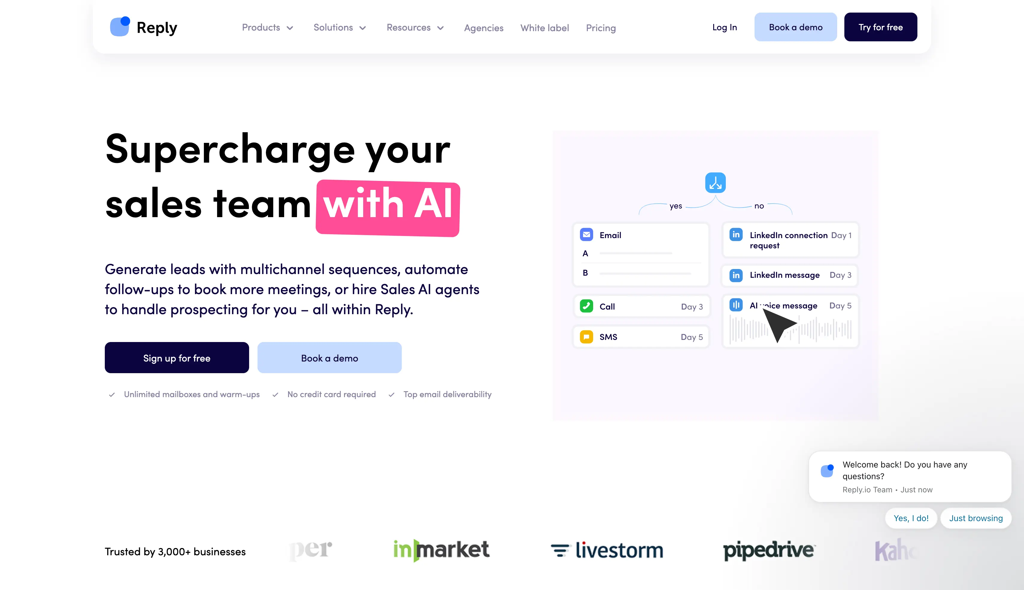 Reply.io homepage showing multichannel sequences and Sales AI agents
