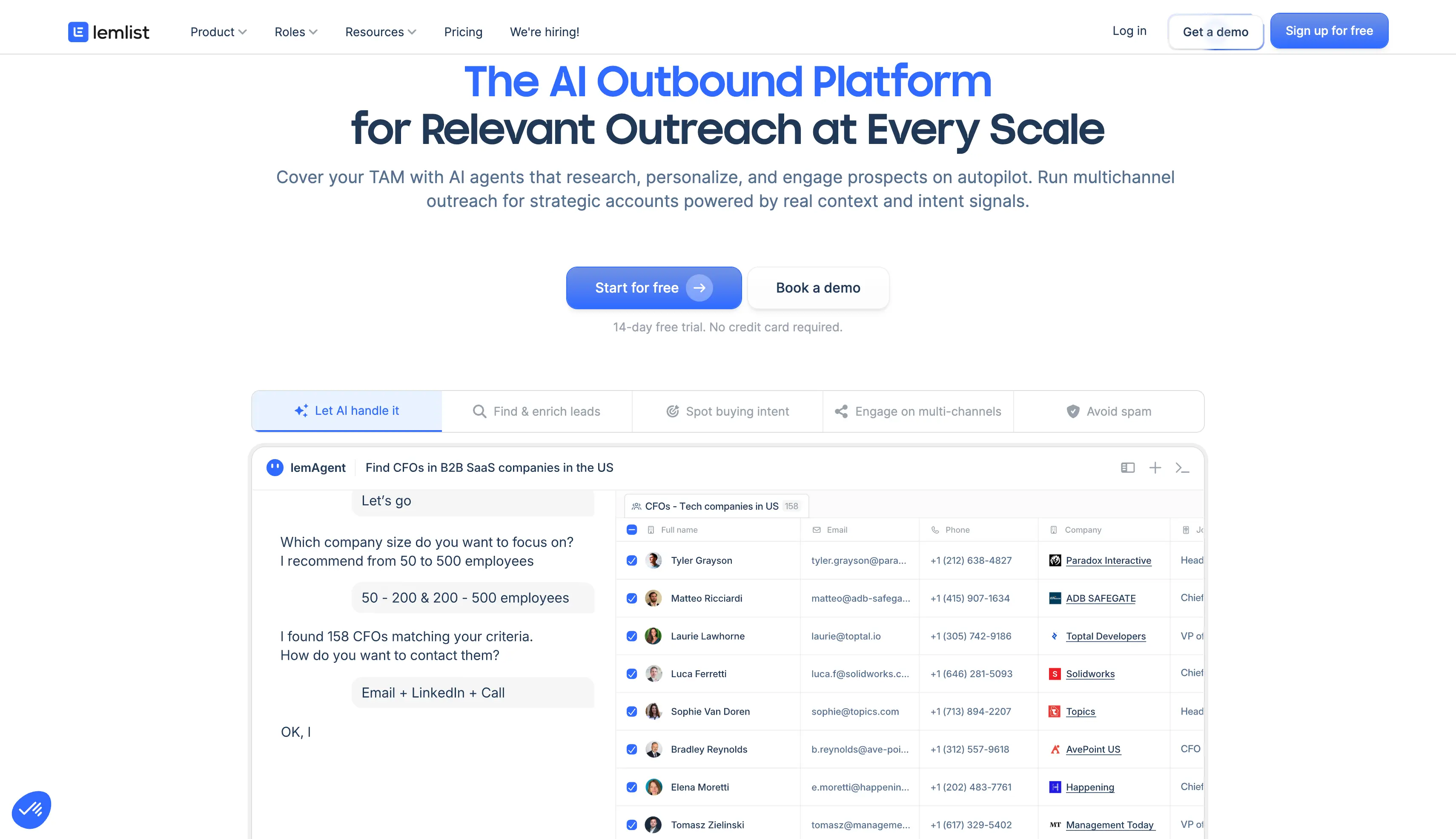 Lemlist homepage showing the AI outbound platform for relevant outreach at every scale