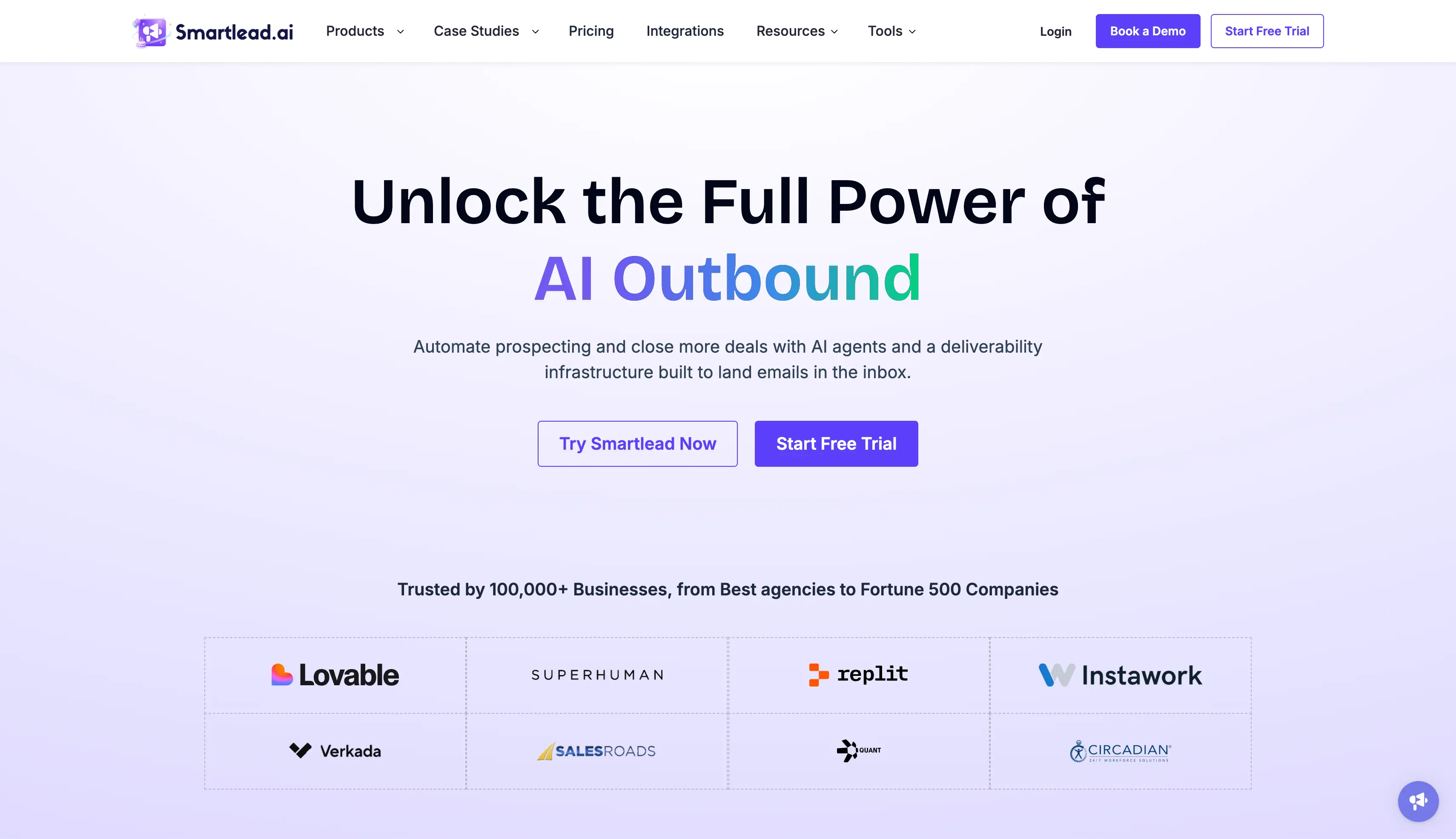 Smartlead homepage showing AI outbound with deliverability infrastructure