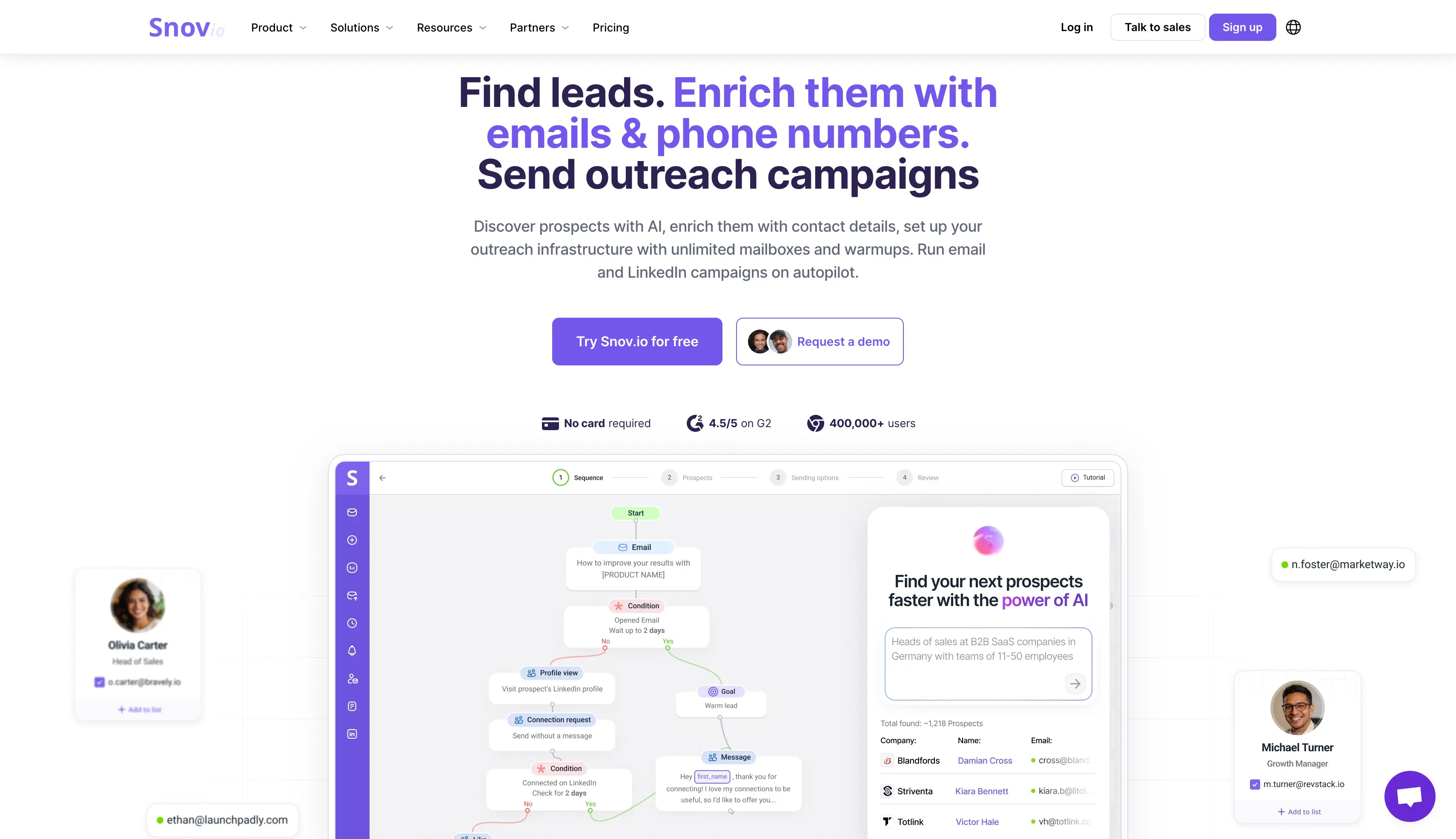 Snov.io homepage showing lead finding, enrichment and outreach campaigns