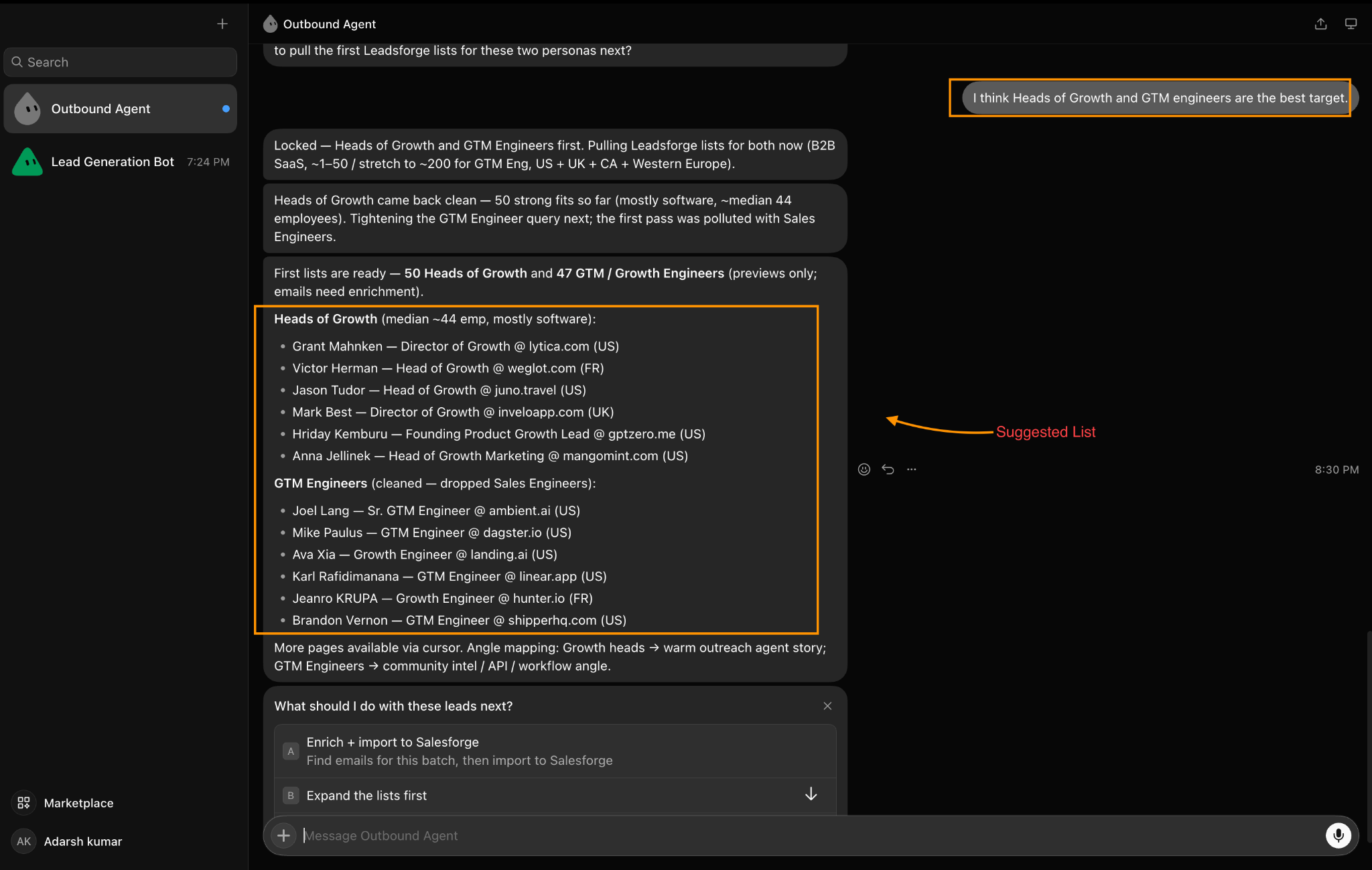 First 100 leads suggested by Grok