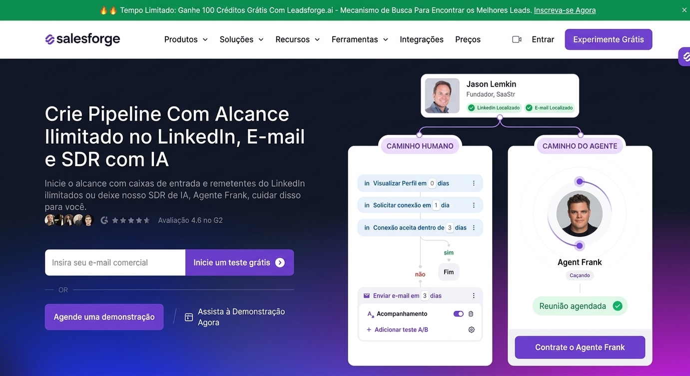 Página inicial da Salesforge em português com o fluxo de outreach e o Agent Frank