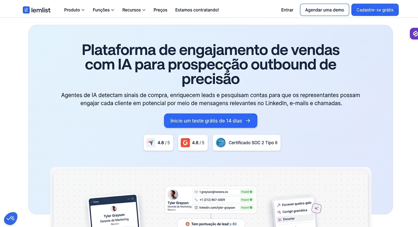 Página inicial da Lemlist em português, plataforma de engajamento de vendas com IA