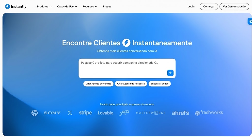 Página inicial da Instantly em português com a busca de clientes por IA