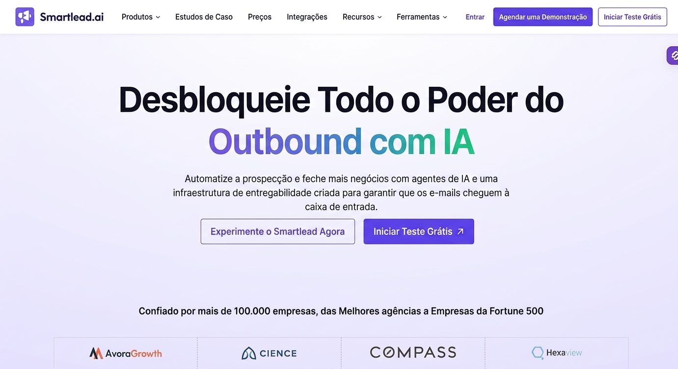 Página inicial da Smartlead em português com automação de outbound por IA