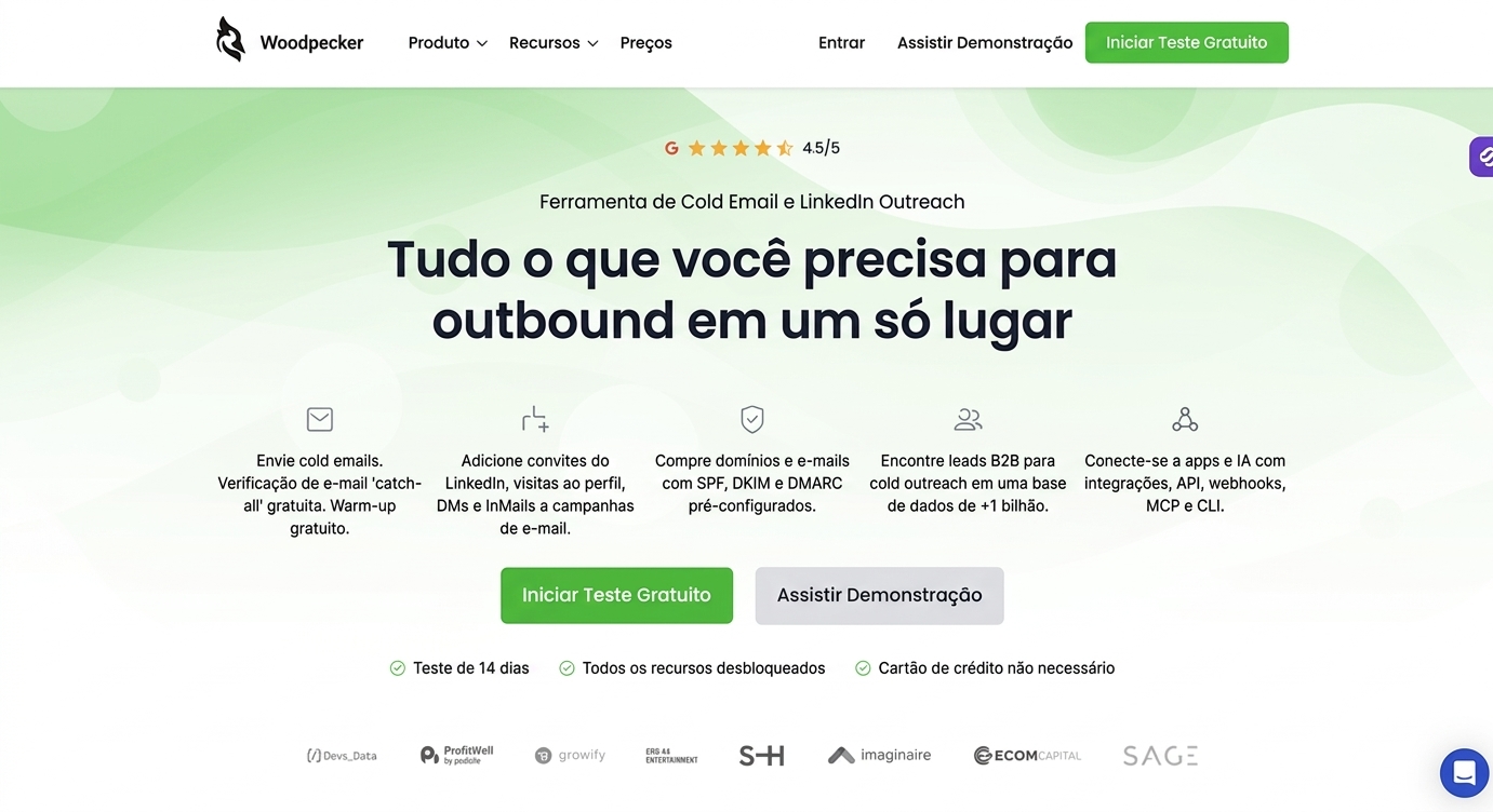 Página inicial da Woodpecker em português, ferramenta de cold email e outreach no LinkedIn