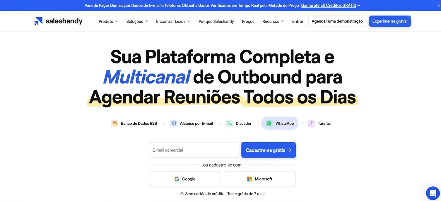 Página inicial da Saleshandy em português, plataforma multicanal de outbound